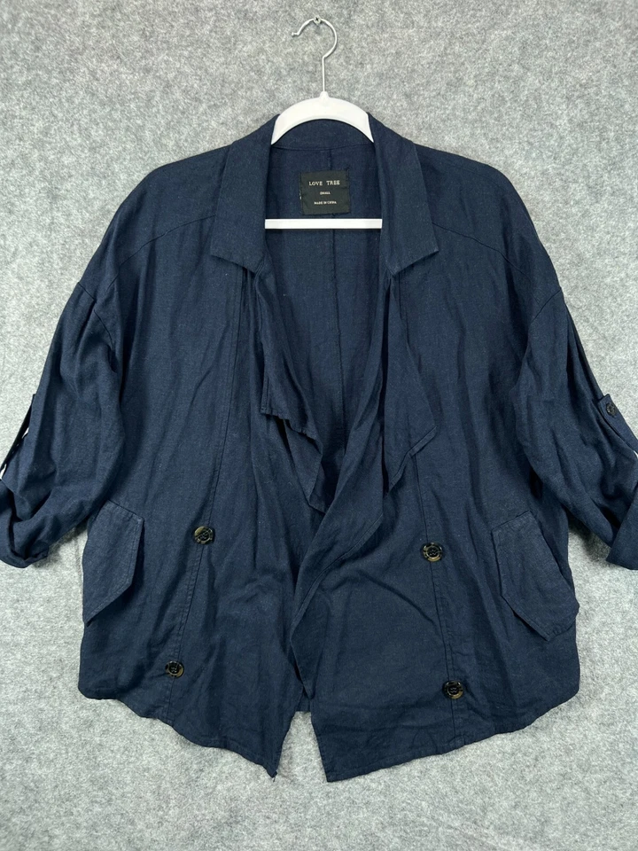 Love Tree Shirt Jacket Womens S Navy Blue Linen Rayon Top Blouse Pockets Casual Foto 1 de 4