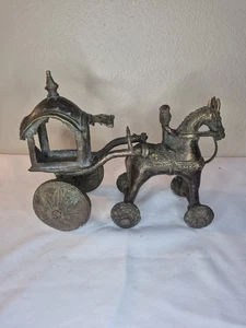 Soild Bronze Indian Wheeled Horse Drawn Rickshaw Statue . - Picture 1 of 15