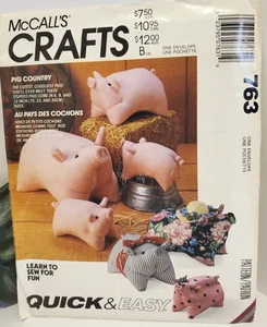 Vintage Country Pigs McCall's Crafts 763/5989 Stuffed Pigs 6", 9" & 12" Uncut - Picture 1 of 8