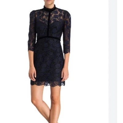 Vestido Vaina Sandro Paris Azul Marino Encaje Terciopelo Borde Cuello Simulado Talla Mediana Foto 1 de 4