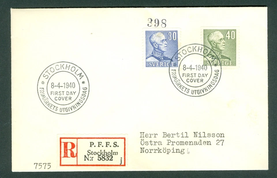 Sweden. 1940 FDC. Rek. # 5832 Stockholm. King Gustav V. 30 + 40 Ore. Adr: Norrk. - Image 1 of 1