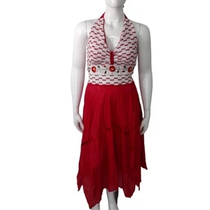 Maxi abito vintage Halter taglia media anni 40 50 ricamato floreale rosso pinup - Foto 1 di 4