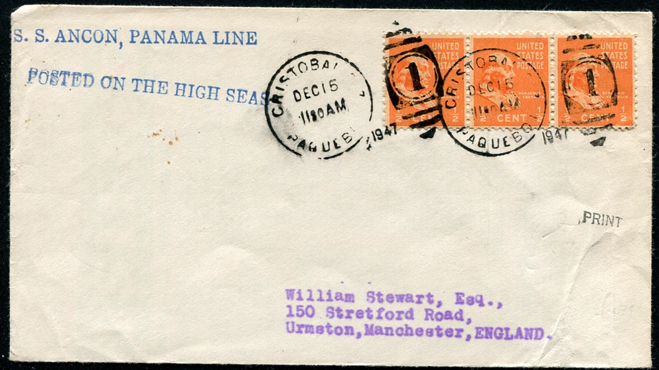 PANAMÁ (25363): 1947 S.S. ANCON Paquebot Cancelar/Cubierta EE. UU. Foto 1 de 2