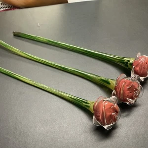 3 Vintage Hand Blown Glass Red Long Stem Roses 12”long Lot Of 3 - Picture 1 of 8