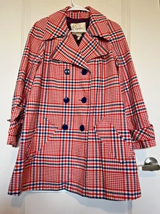 Vtg Sharpee Womens Plaid Trench Coat Sz L Double-Breasted Red White Blue Check - Picture 1 of 7