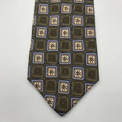 Corbata de banco Jos A 59x3,75 marrón seda geométrica cuadrada floral dorada verde en muy buen estado Foto 1 de 4