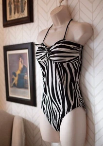 Vintage 1980s Women's Size S/M One Piece Swimsuit Zebra Animal Print Black White - Picture 1 of 13