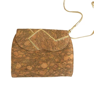 Vintage 90s J Renee Shoulder Bag Clutch Cork Print Gold Sparkles Tan - Picture 1 of 8