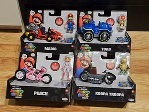 Super Mario Bros Movie Set Of 4 Pull Back Racers 2023 Peach Koopa Mario Toad USA - Picture 1 of 2