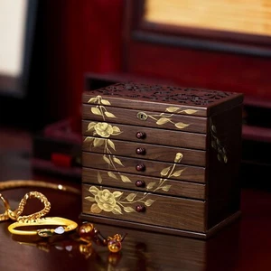 Vintage Jewelry Box 7 Layer Wooden Organizer w/ Lock Gift for Mom Women - Picture 1 of 8
