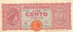 Italy 100*  Lire 10.12.1944  Series W202 *Replacement*  Circulated Banknote Me#E - Picture 1 of 2