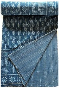 Indian Vintage Hand Block Shibori Print Cotton Indigo Blue Kantha Quilt Jaipuri - Picture 1 of 3