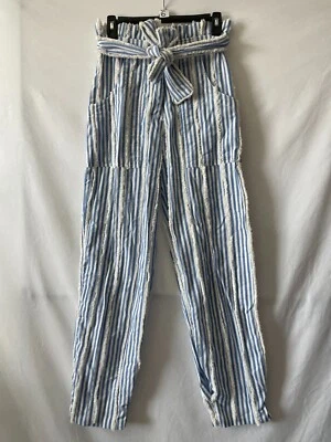 Pantalón Paperbeg Manoush para mujer blanco y azul tiro alto a rayas talla 2 Foto 1 de 4