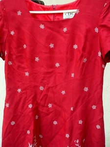 VTG 80S CDC S M PETITE RED SHEATH SS FLORAL BORDER HEM KNEE LENGTH DRESS WOMEN - Picture 1 of 12