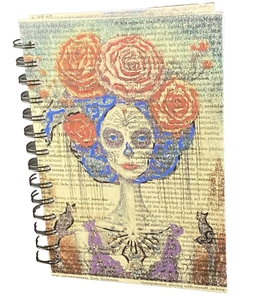 Journal Unique Day of the Dead Design Handmade Upcycle Spiral Notebook Celebrate - Picture 1 of 6