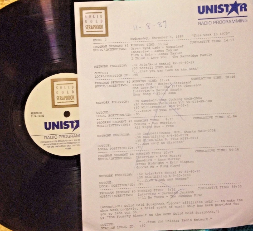 RADIO SHOW 11/8/89 THIS WK 70:VAN MORRISON, JAMES TAYLOR,PINK FLOYD, ANNE MURRAY - Image 1 of 1