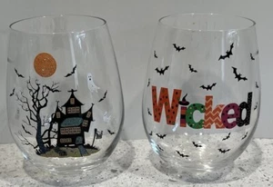 Halloween Wine Glasses Stemless Set Of 2 “Wicked & Haunted House” 20 Oz NEW - Picture 1 of 5
