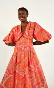 ABITO MIDI NUOVO CON ETICHETTE ANTHROPOLOGIE FARM RIO taglia S BRIGHT FOREST PUFF MANICA CORTA ARANCIONE - Foto 1 di 12