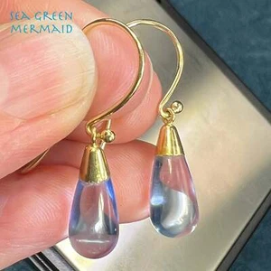 14k Yellow Gold Sky Blue Quartz Baton Cabochon Earrings. Water Droplets - Picture 1 of 12