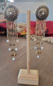 Neu Muschel blaue Perlen Western Cowboy goldfarbene Ohrhänger - Bild 1 von 2