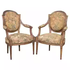 Pair Carved Walnut French Louis XVI Needlepoint Armchairs, Circa 1880 - Picture 1 of 14