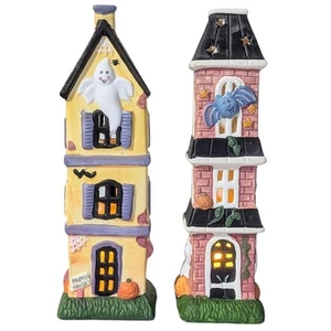 Halloween Haunted Houses Set. 1 Brick, 1 Yellow. Candle Holders Ghosts, Bats. - Picture 1 of 8