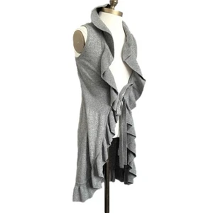 Gray Wool Blend Duster Knee Length Long Ruffle Tie Vest - Small / Medium - Picture 1 of 9