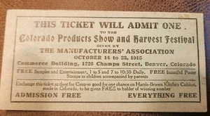 Vintage Ticket für Colorado Products Show und Erntefest Denver 1915 - Bild 1 von 2