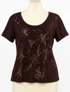 🌙 Vintage 1990s - Elegant Brand - Brown Sequin Embellished Top – Size L / XL - Picture 1 of 15
