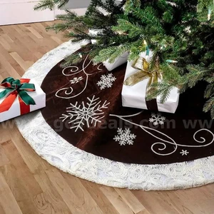 Christmas Tree Skirt 32" Brown Velvet Tree Skirt w/Embroidered Snowflake Sequins - Picture 1 of 6