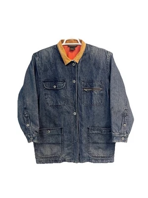 Vintage 90s Denim Chore Coat Corduroy Collar Farm Worn Workwear Jacket Faded - Image 1 of 4