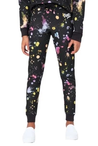 Justice Girls Fleece Joggers Black Paint Splash Logo Elastic Waist Size 12/14 - Picture 1 of 5
