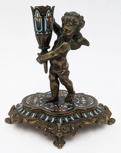 FRANZÖSISCHER ANTIKER CHAMPLEVE EMAILLE BRONZE CHERUB VASENSTÄNDER 19. JAHRHUNDERT - Bild 1 von 9