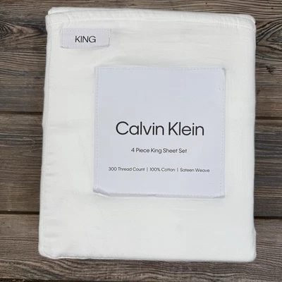 CALVIN KLEIN 4-Piece King Sheet Set 300 TC 100% Cotton Sateen Weave White NWT - Image 1 of 4