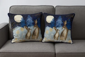 Limited Edition Winter Woodland Hare Design Set of 2 Filled Cushion - Picture 1 of 2