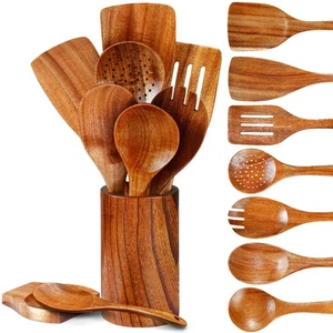 Natürliches Teakholz Utensilien-Set - 9-teilig, Holzlöffel zum Kochen, Holzko... - Bild 1 von 7