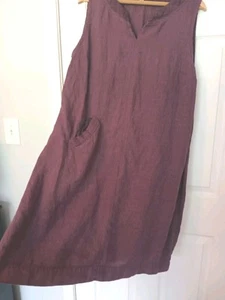FLEX purple plum dress 100% linen knee lngth sleeveless pocket M SIMPLE POPOVER - Picture 1 of 9