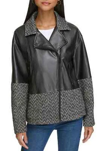 New KARL LAGERFELD PARIS Women's Herringbone Tweed Trim Leather Jacket Medium - Picture 1 of 4