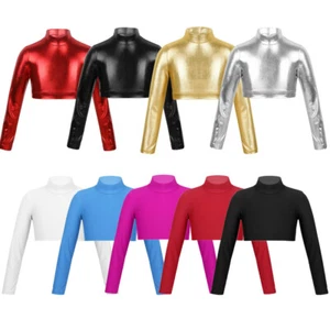 Kids Girls Gymnastics Metallic Crop Top Ballet Performance Dance Top Activewear - Picture 1 of 59