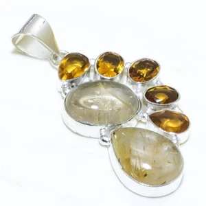 Golden Rutile Quartz, Citrine 925 Silver Fashion Jewelry Pendant 2.2" RP238 - Picture 1 of 3
