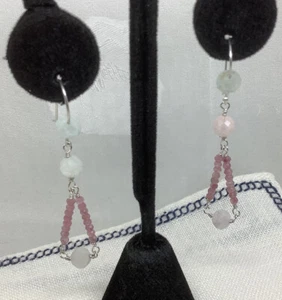 Minimalist Sterling Silver Pink Ruby & Blue Boulder Opal Dangle Earrings - Picture 1 of 7