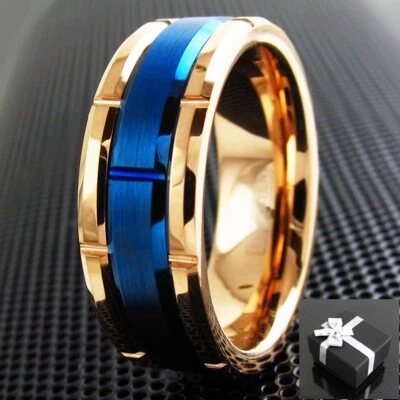 8mm Tungsten Carbide Men's Rose Gold Plated Brushed Blue Grooved Wedding Band - Imagem 1 de 4
