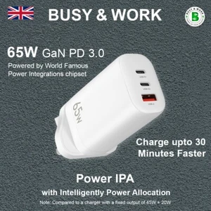 65W GaN USB C Plug Charger 3-Port Fast USB C Charger for MacBook &Air/Galaxy - Picture 1 of 13
