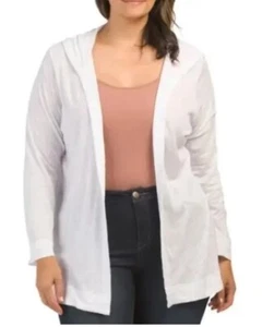 New Tahari Linen Blend Cardigan Womens Hooded Open Front Duster White 14W /  1X - Picture 1 of 5