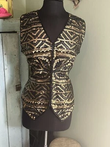 Vintage 1990's Joan Leslie Studio Women's Black and Gold Sequin Vest Silk Size L - Picture 1 of 6