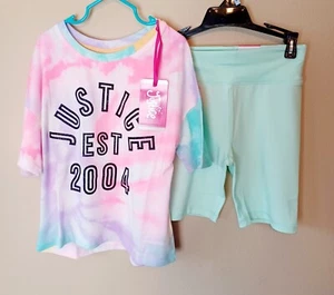 Justice Bike Shorts Set 7/8 Girls Mint Green Tie Dye T-Shirt - Picture 1 of 5
