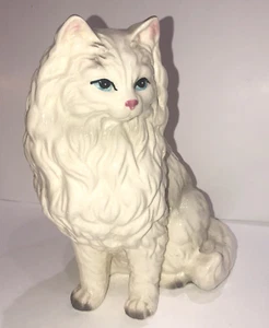 8" Tall Ceramic Cat Mold Statue Vintage Long hair white with gray tips - Picture 1 of 16