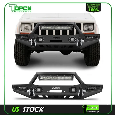 For 1983-2001 Jeep Cherokee Front Bumper W/ Winch Plate LED Lights D-rings Kit Foto 1 de 4