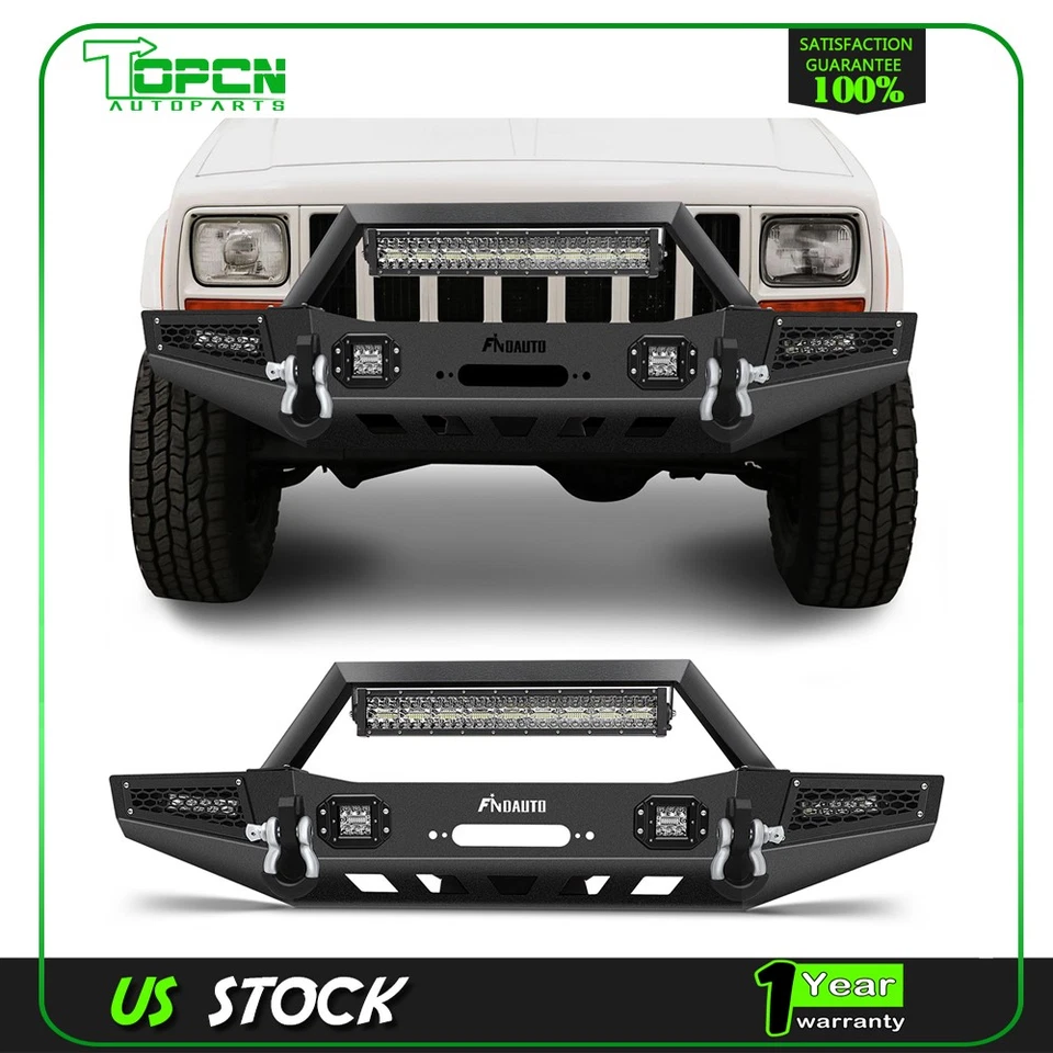 For 1983-2001 Jeep Cherokee Front Bumper W/ Winch Plate LED Lights D-rings Kit Foto 1 de 4