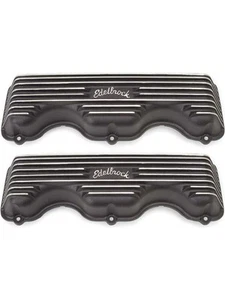 Edelbrock Valve Cover Classic Short Edelbrock Logo Aluminum Black Powde (41403) - Picture 1 of 12